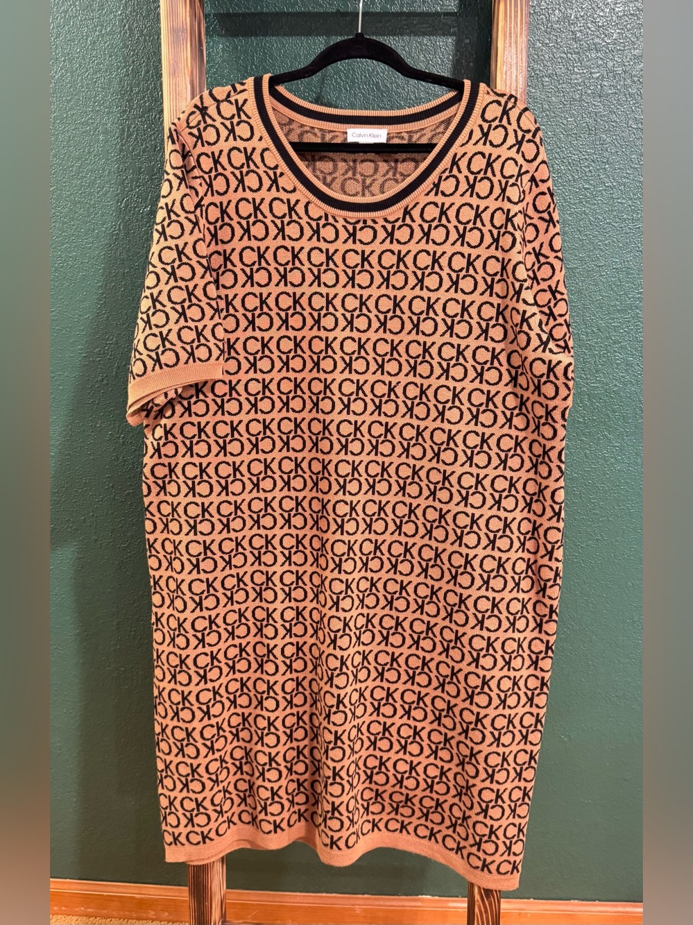 Calvin Klein brown and Black Allover CK Monogram Short sleeve sweater dress